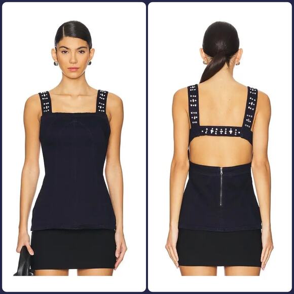 Free People Denim D/F Studded Backless Peplum Top XS Dark Rinse NWT/NEW!! - Picture 1 of 16